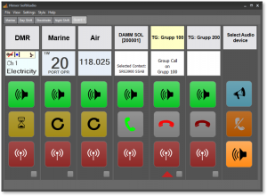 One DMR radio, one marine radio and one airband radio are shown in the same GUI as the Damm Tetra system